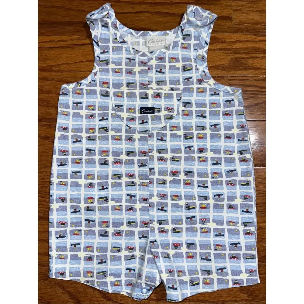 Vintage Carters Baby Blue Nautical Boat Ship Submarine Overall Romper 12-18M